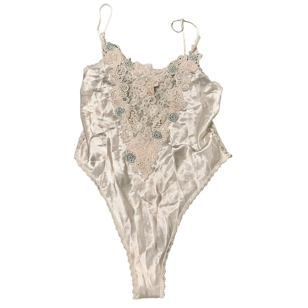 Vintage Victoria's Secret GOLD LABEL White Satin Floral Embroidered Lace Teddy